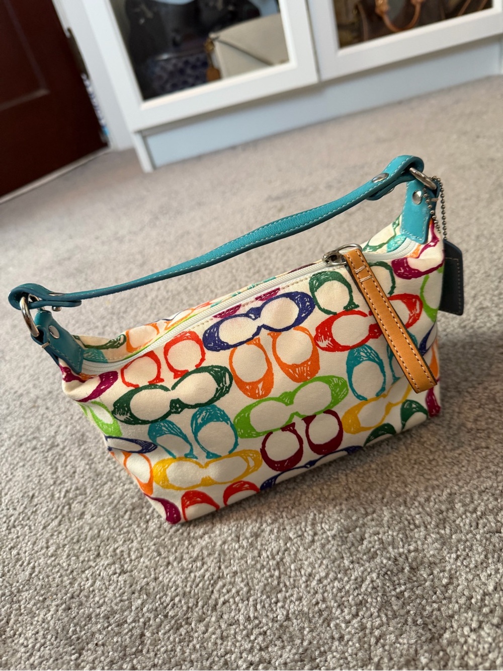 Coach Multicolor Signature Shoulder Bag with Teal Handle